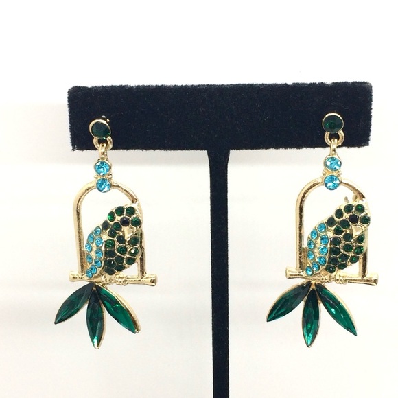 3/$30 RHINESTONE PARROT BIRD EARRINGS BLUE GREEN GOLD TONE TROPICAL DANGLE DROP - Picture 1 of 14
